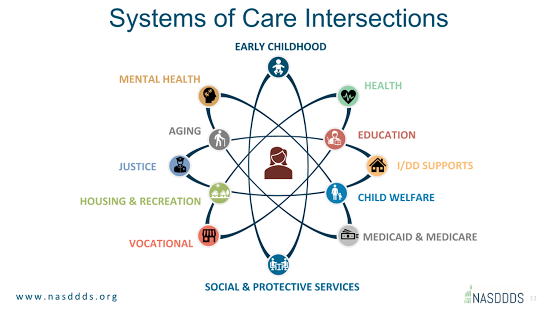 Diagram titled 'Systems of Care Intersections' connecting 12 surrounding systems: Early Childhood, Health, Education, IDD Supports, Medicaid and Medicare, Child Welfare, Social and Protective Services, Vocational, Housing and Recreation, Justice, Aging, and Mental Health.